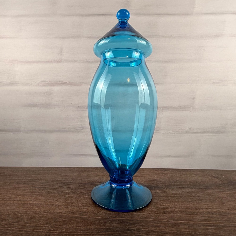 Empoli Blue Glass Rocket Decanter Lidded Apothecary Jar MCM Italy